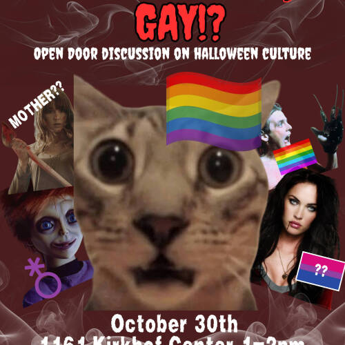 a stunned cat looks at the reader in fear, text reads "is halloween lowkey...gay!?"
